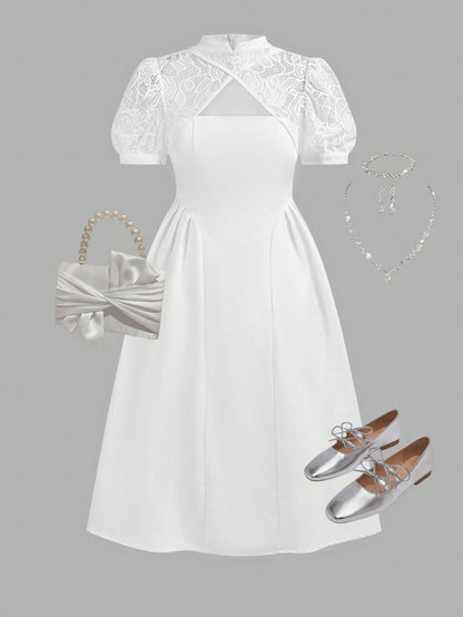 Girls’ White Lace Party Dress – Short Sleeve Princess Dress – Elegant Occasion Outfit for Kids