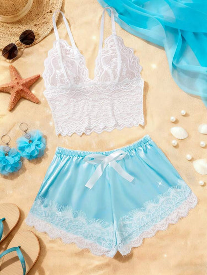 White Lace & Sky Blue Satin Pajama Set – Lace Cami & Shorts Sleepwear