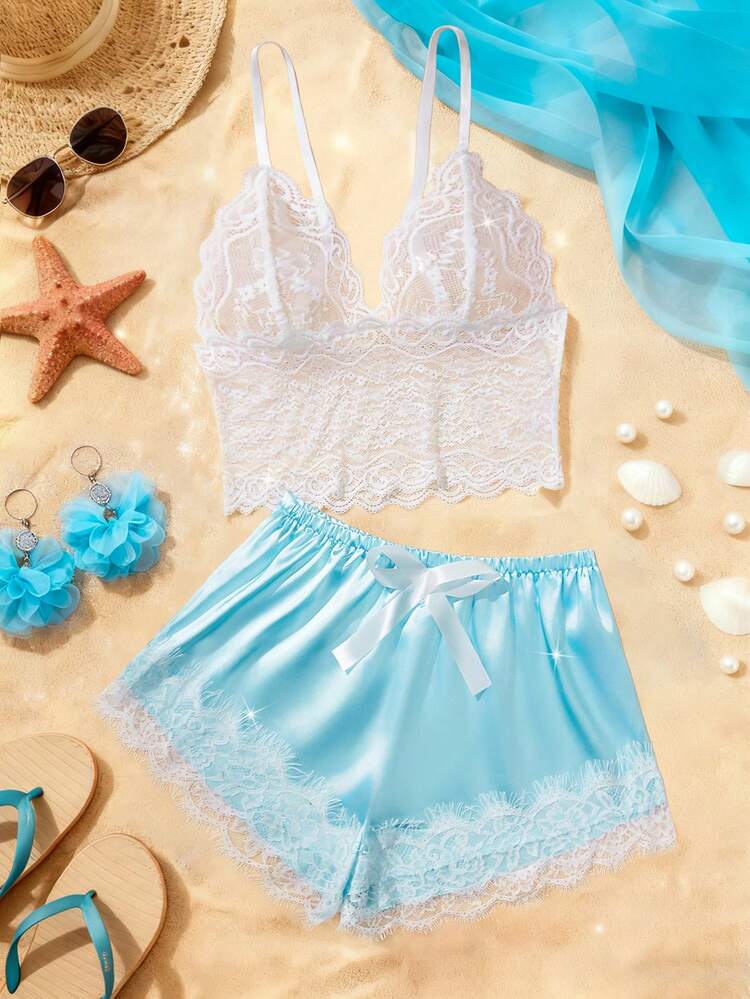 White Lace & Sky Blue Satin Pajama Set – Lace Cami & Shorts Sleepwear