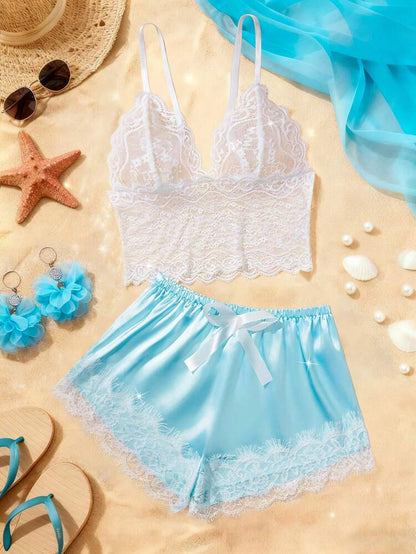 White Lace & Sky Blue Satin Pajama Set – Lace Cami & Shorts Sleepwear