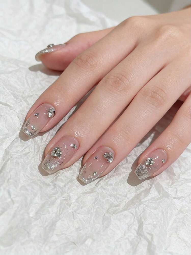 24PCS Nude Glitter Press On Nails â€“ Rhinestone Long Square Design