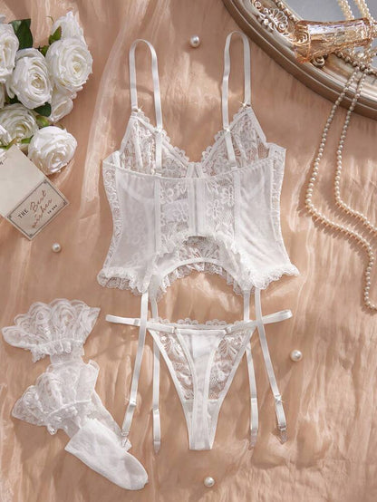 Women White Lace Corset Lingerie Set – Bridal Bustier with Garter & Thong