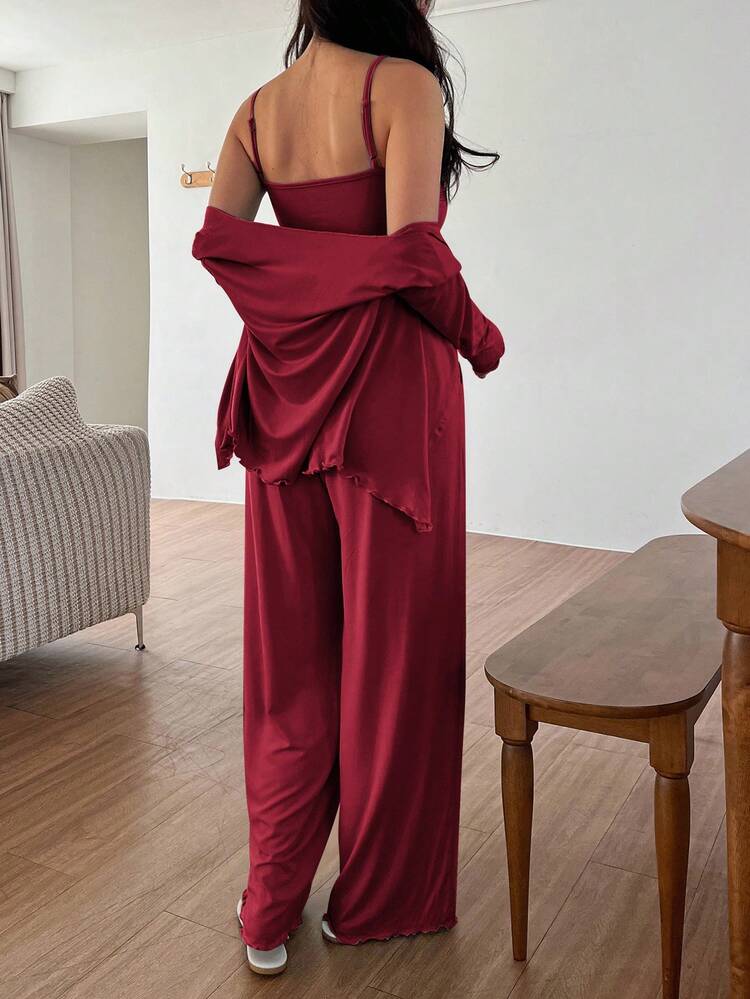 Women’s Burgundy 3 Piece Lounge Set – Ruched Cami Top, Wide Leg Pants & Cardigan Pajama Set