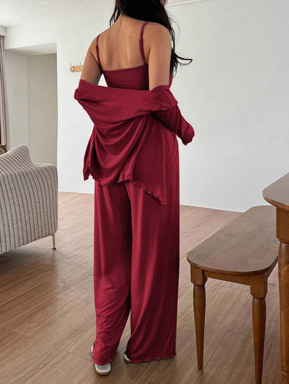 Women’s Burgundy 3 Piece Lounge Set – Ruched Cami Top, Wide Leg Pants & Cardigan Pajama Set