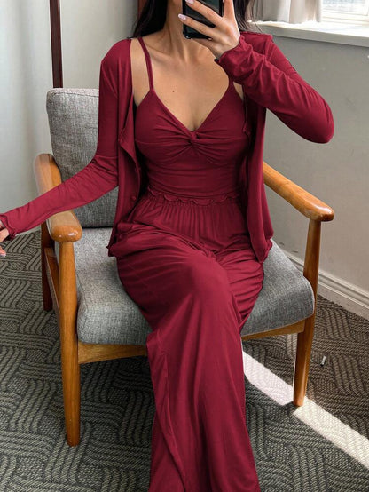Women’s Burgundy 3 Piece Lounge Set – Ruched Cami Top, Wide Leg Pants & Cardigan Pajama Set