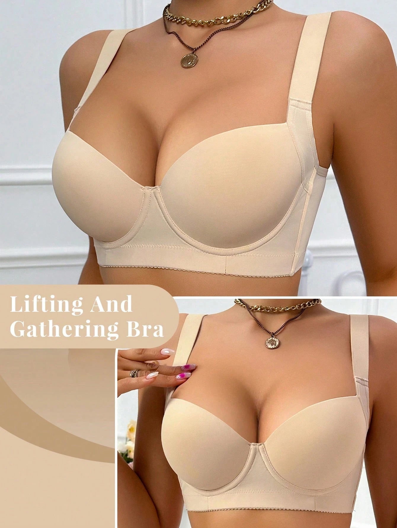Women’s Beige Full Coverage Bra, Wide Strap Supportive Underwear with Smooth Padded Cups