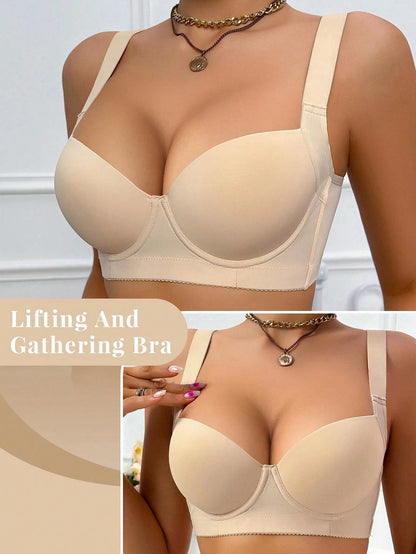 Women’s Beige Full Coverage Bra, Wide Strap Supportive Underwear with Smooth Padded Cups