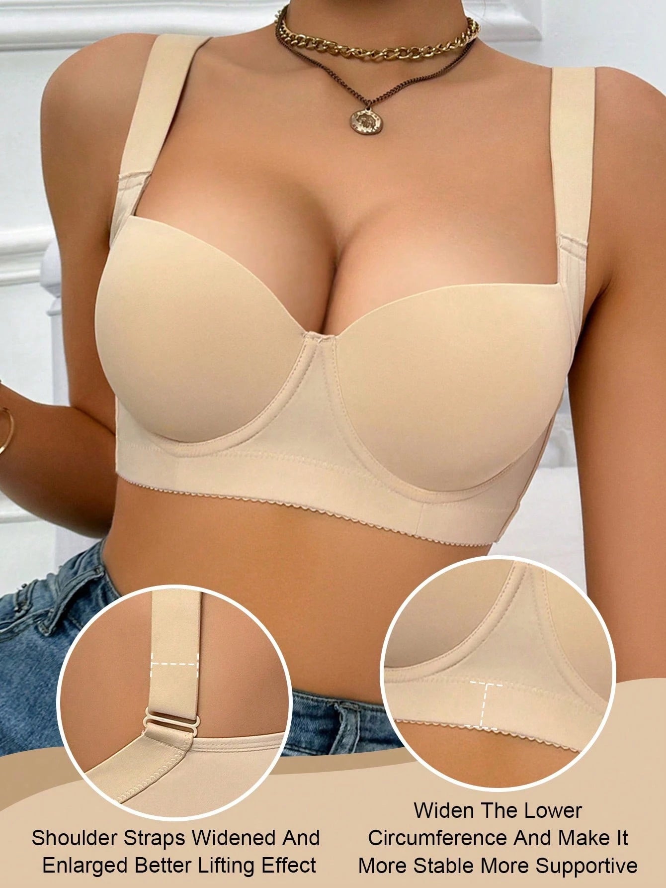 Women’s Beige Full Coverage Bra, Wide Strap Supportive Underwear with Smooth Padded Cups
