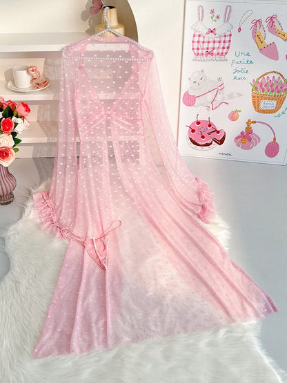 Women Pink Sheer Mesh Robe Lingerie Set – Polka Dot Nightdress with Thong
