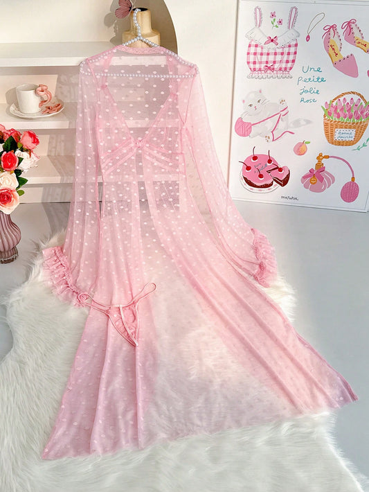 Women Pink Sheer Mesh Robe Lingerie Set – Polka Dot Nightdress with Thong