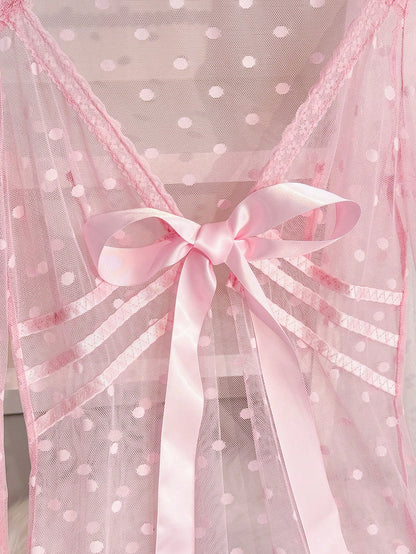 Women Pink Sheer Mesh Robe Lingerie Set – Polka Dot Nightdress with Thong