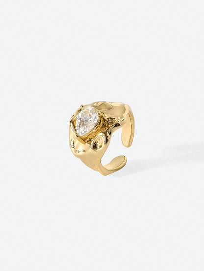 Women Gold Crystal Statement Ring – Adjustable Vintage Style