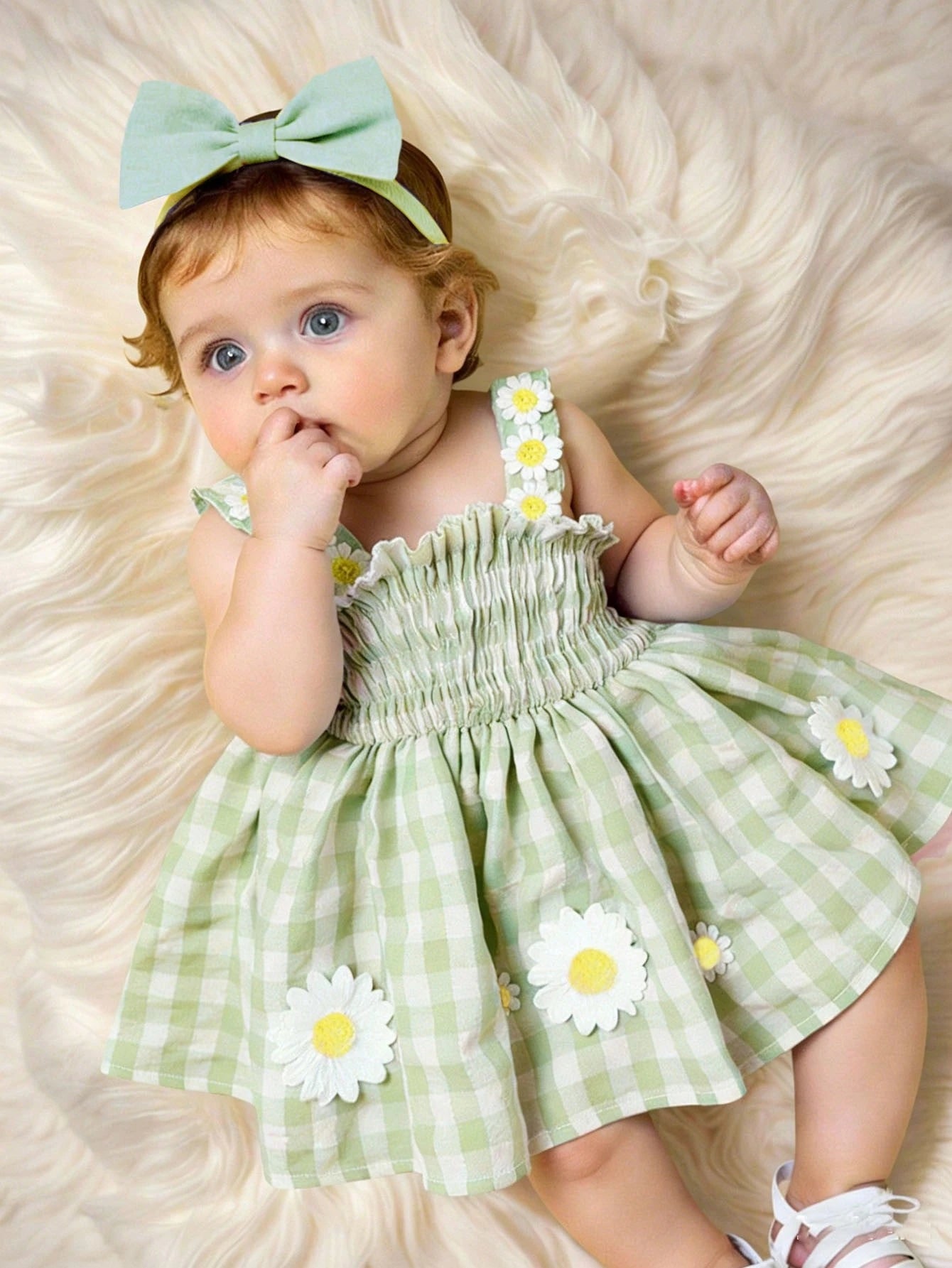 Baby Girls Mint Gingham Daisy Smocked Dress with Bow Headband
