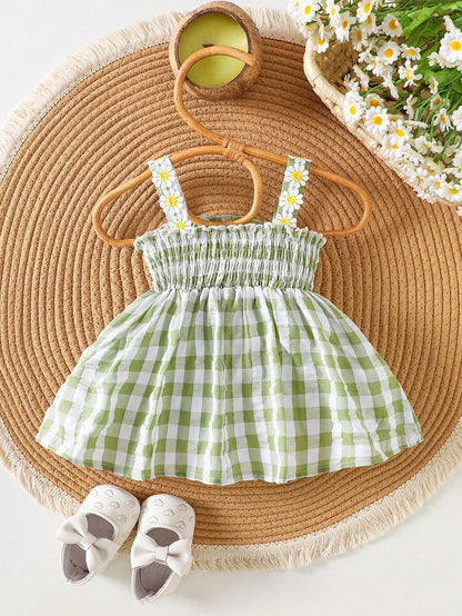 Baby Girls Mint Gingham Daisy Smocked Dress with Bow Headband