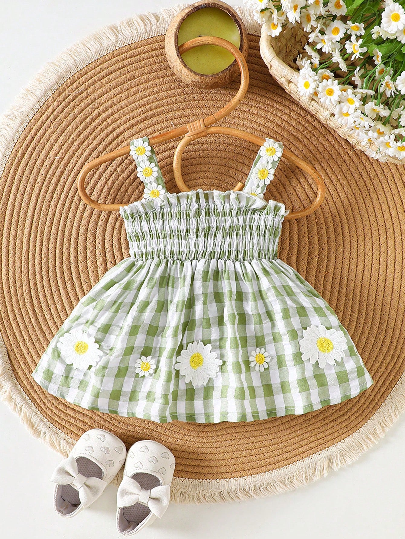 Baby Girls Mint Gingham Daisy Smocked Dress with Bow Headband