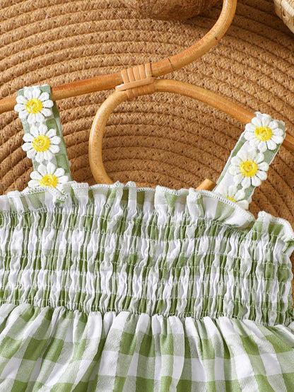 Baby Girls Mint Gingham Daisy Smocked Dress with Bow Headband