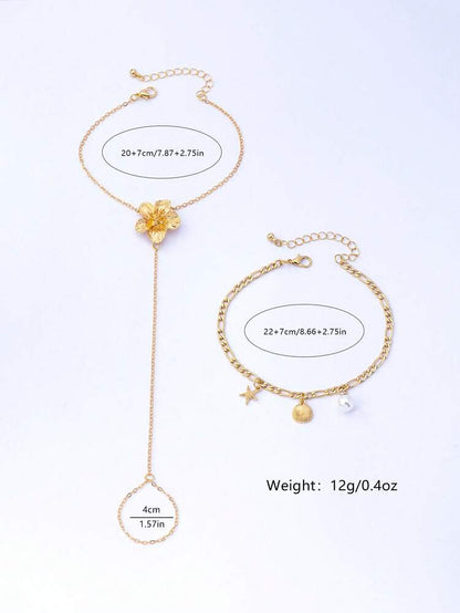 Gold Flower Barefoot Anklet – Beach Pearl Shell Foot Chain for Women