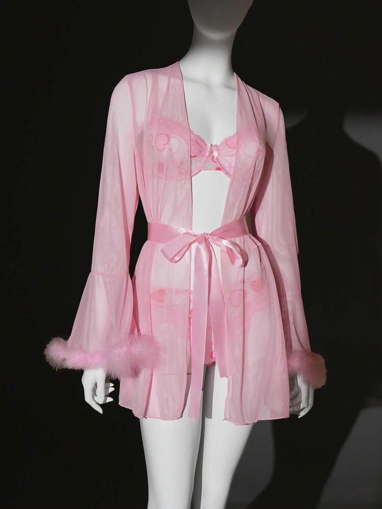 Women Pink Sheer Mesh Robe Lingerie Set – Feather Trim Nightwear