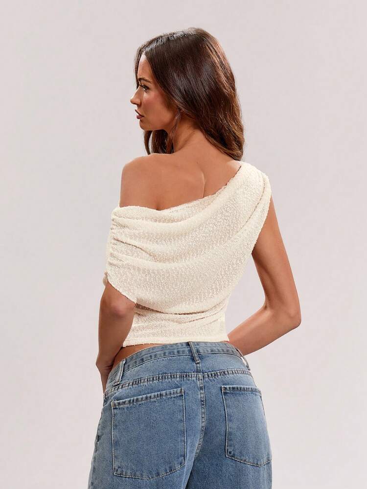 Cream Off Shoulder Draped Knit Top – Soft Textured Wrap Blouse – Feminine Elegant Casual Chic Style