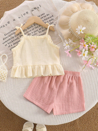 Baby Girls Cream Ruffle Cami Top & Pink Shorts Set