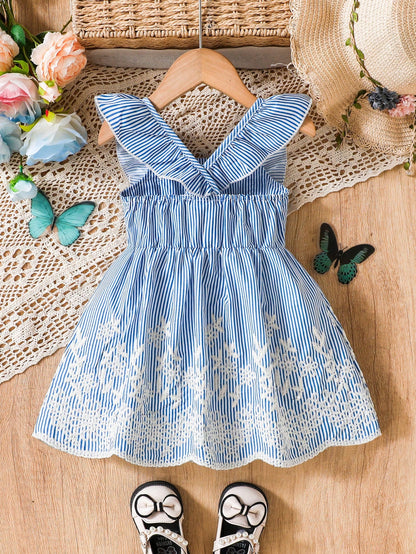 Baby Girls Blue Striped Bow Lace Dress