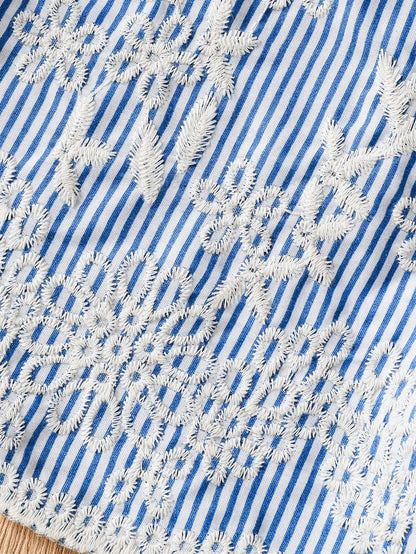 Baby Girls Blue Striped Bow Lace Dress