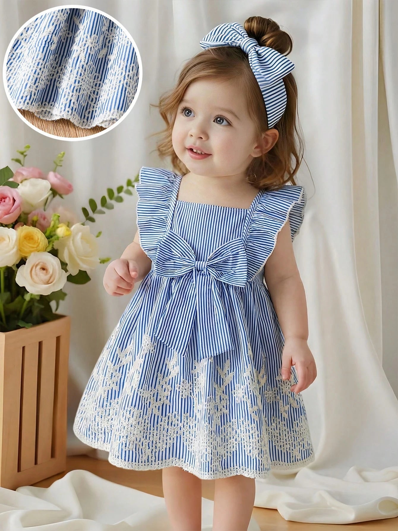 Baby Girls Blue Striped Bow Lace Dress