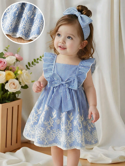 Baby Girls Blue Striped Bow Lace Dress