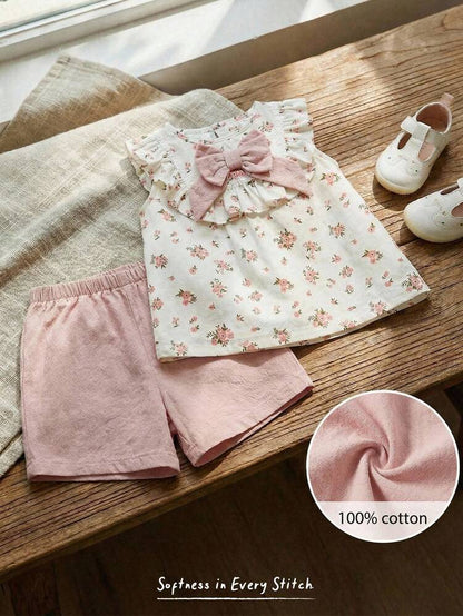 Baby Girl 2-Piece Floral Cotton Outfit – Ruffle Sleeve Bow Top & Pink Shorts Set