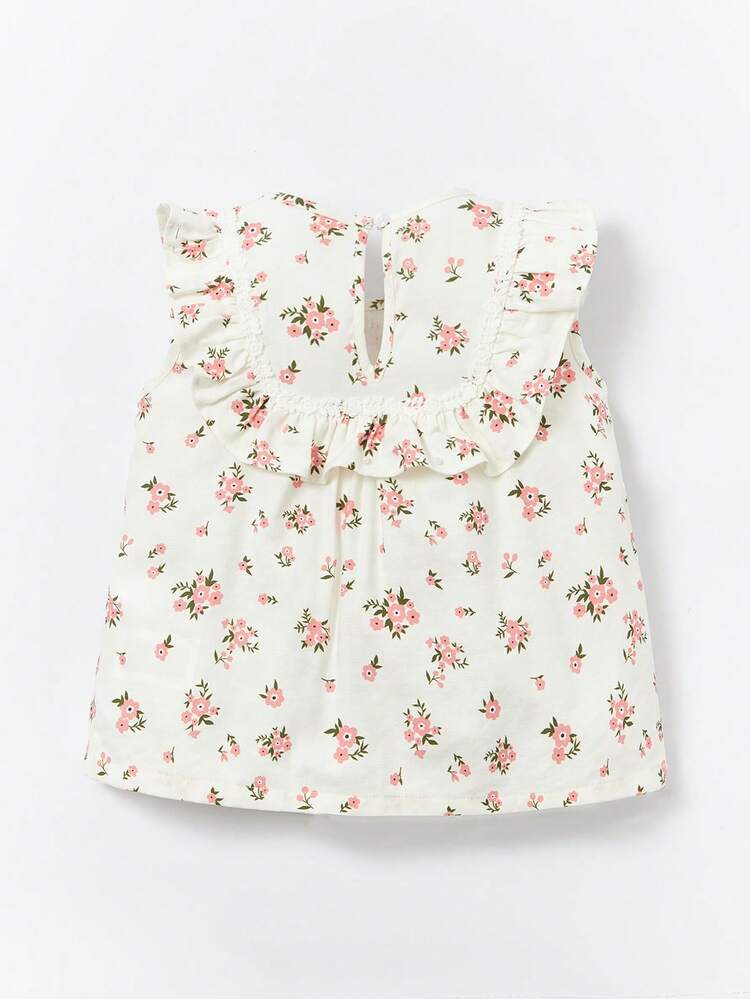 Baby Girl 2-Piece Floral Cotton Outfit – Ruffle Sleeve Bow Top & Pink Shorts Set