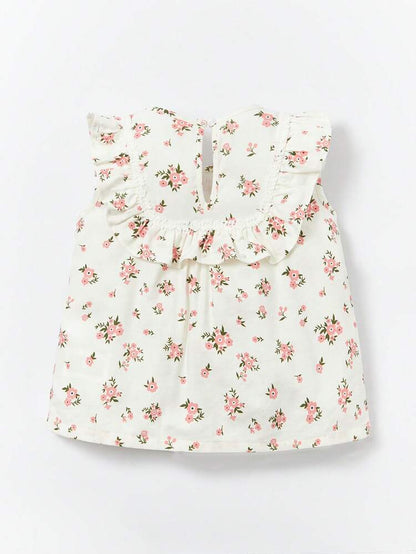 Baby Girl 2-Piece Floral Cotton Outfit – Ruffle Sleeve Bow Top & Pink Shorts Set