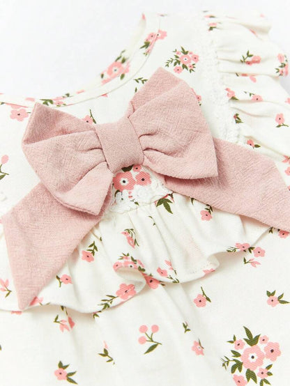 Baby Girl 2-Piece Floral Cotton Outfit – Ruffle Sleeve Bow Top & Pink Shorts Set