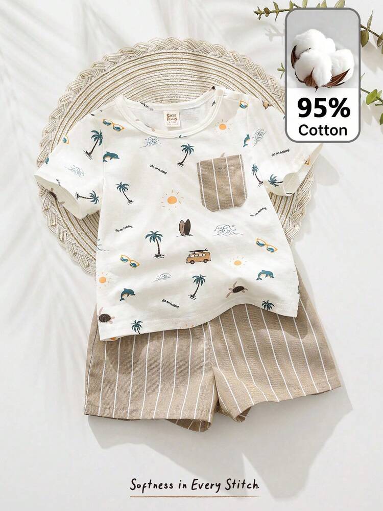 Baby Boys Beach Print Cotton T-Shirt & Striped Shorts Set – Beige Summer Outfit