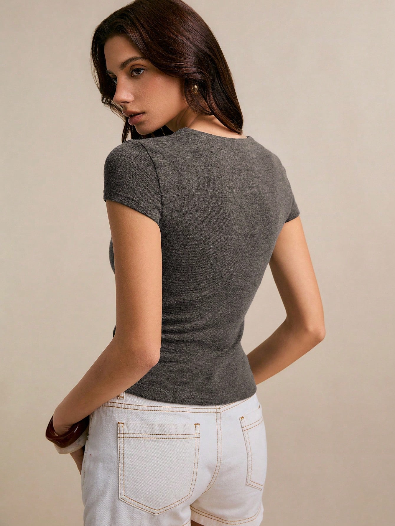 Charcoal Grey Asymmetrical Button Knit Top – Slim Fit V Neck Blouse – Casual Chic Short Sleeve Style