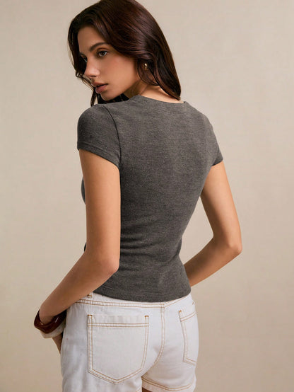Charcoal Grey Asymmetrical Button Knit Top – Slim Fit V Neck Blouse – Casual Chic Short Sleeve Style