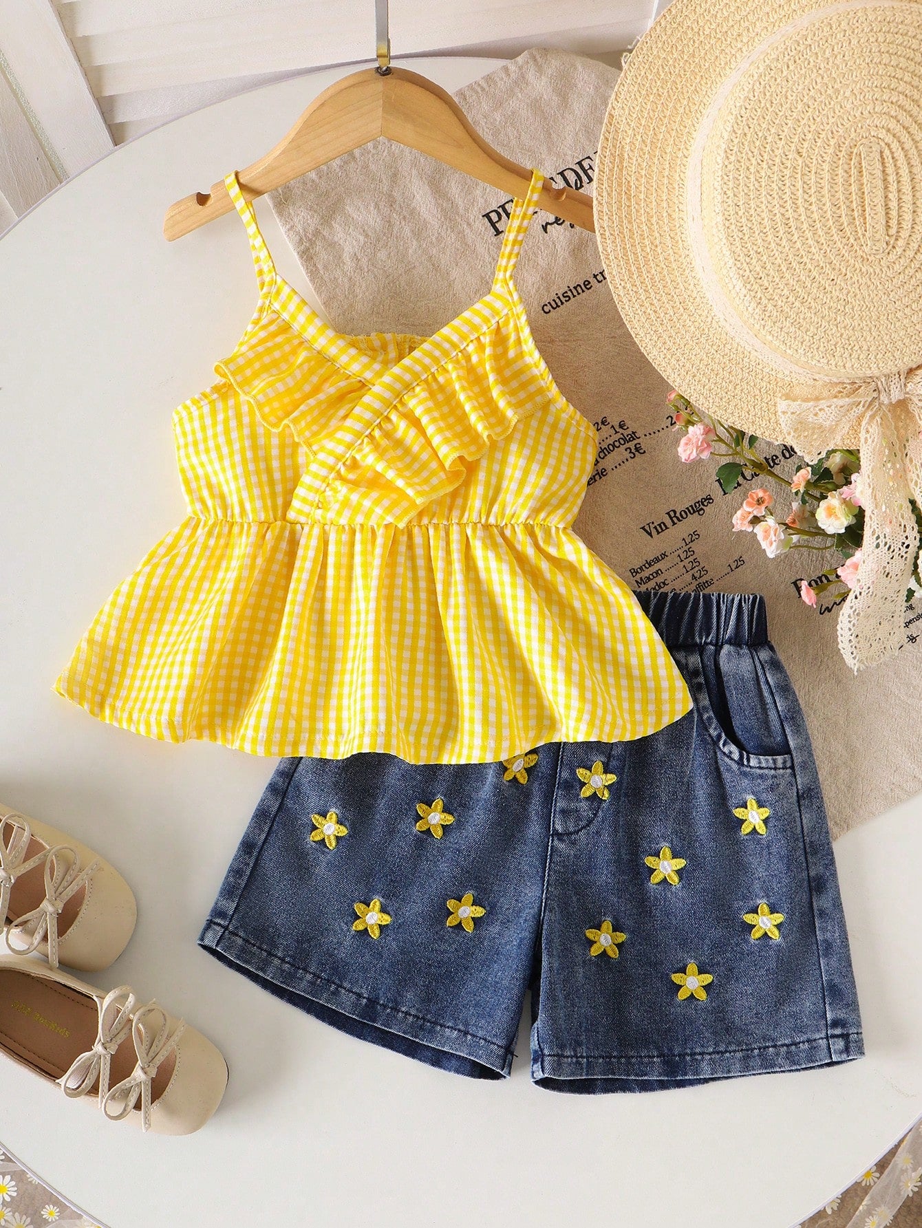 Girls Yellow Gingham Ruffle Top & Daisy Denim Shorts Set