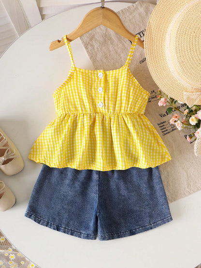 Girls Yellow Gingham Ruffle Top & Daisy Denim Shorts Set