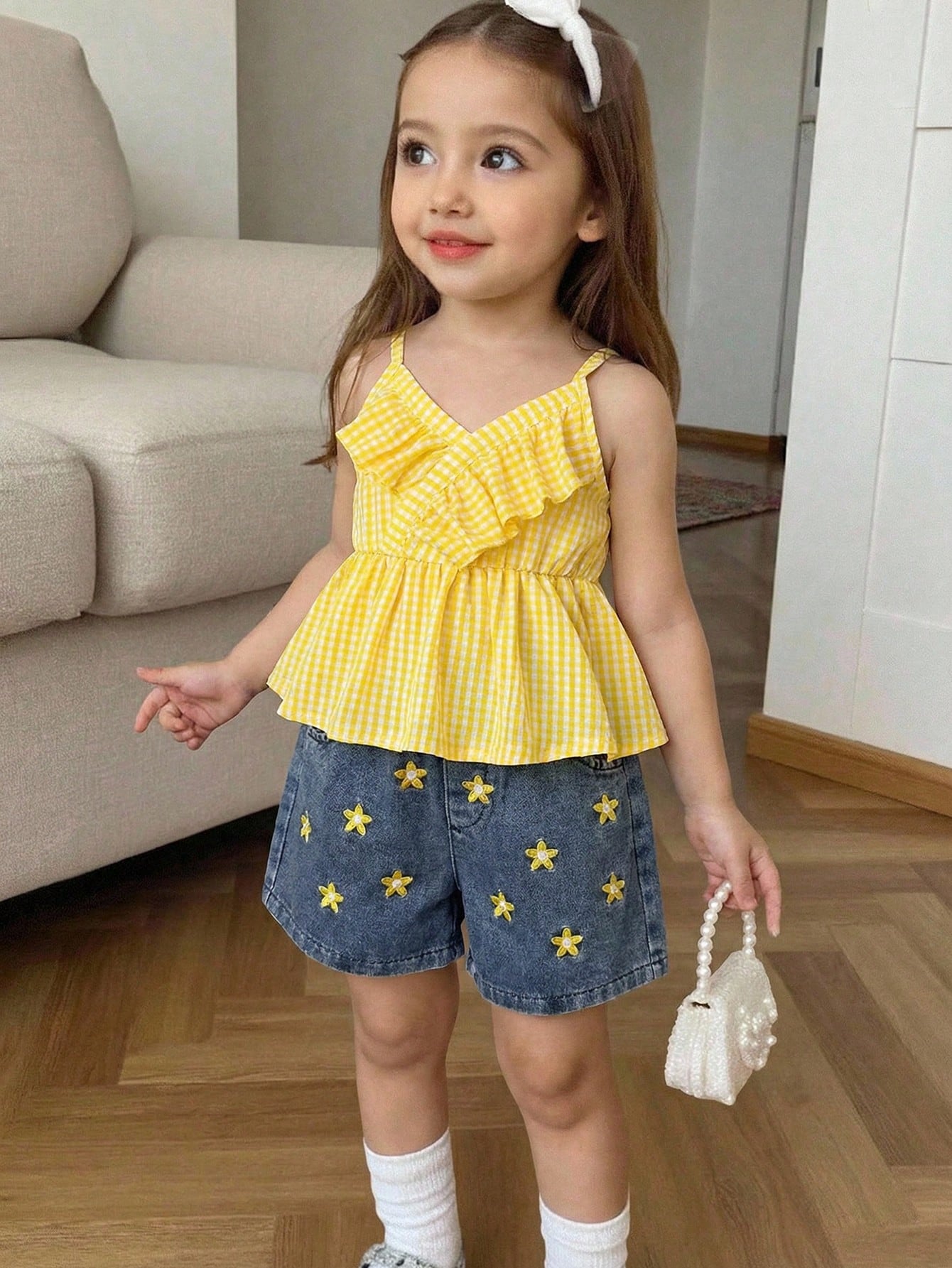 Girls Yellow Gingham Ruffle Top & Daisy Denim Shorts Set