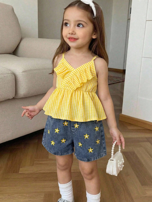 Girls Yellow Gingham Ruffle Top & Daisy Denim Shorts Set