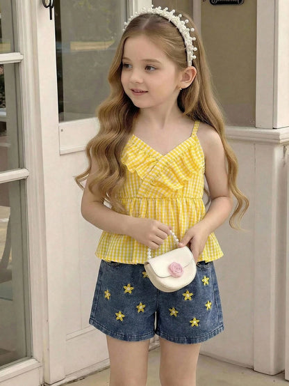 Girls Yellow Gingham Ruffle Top & Daisy Denim Shorts Set