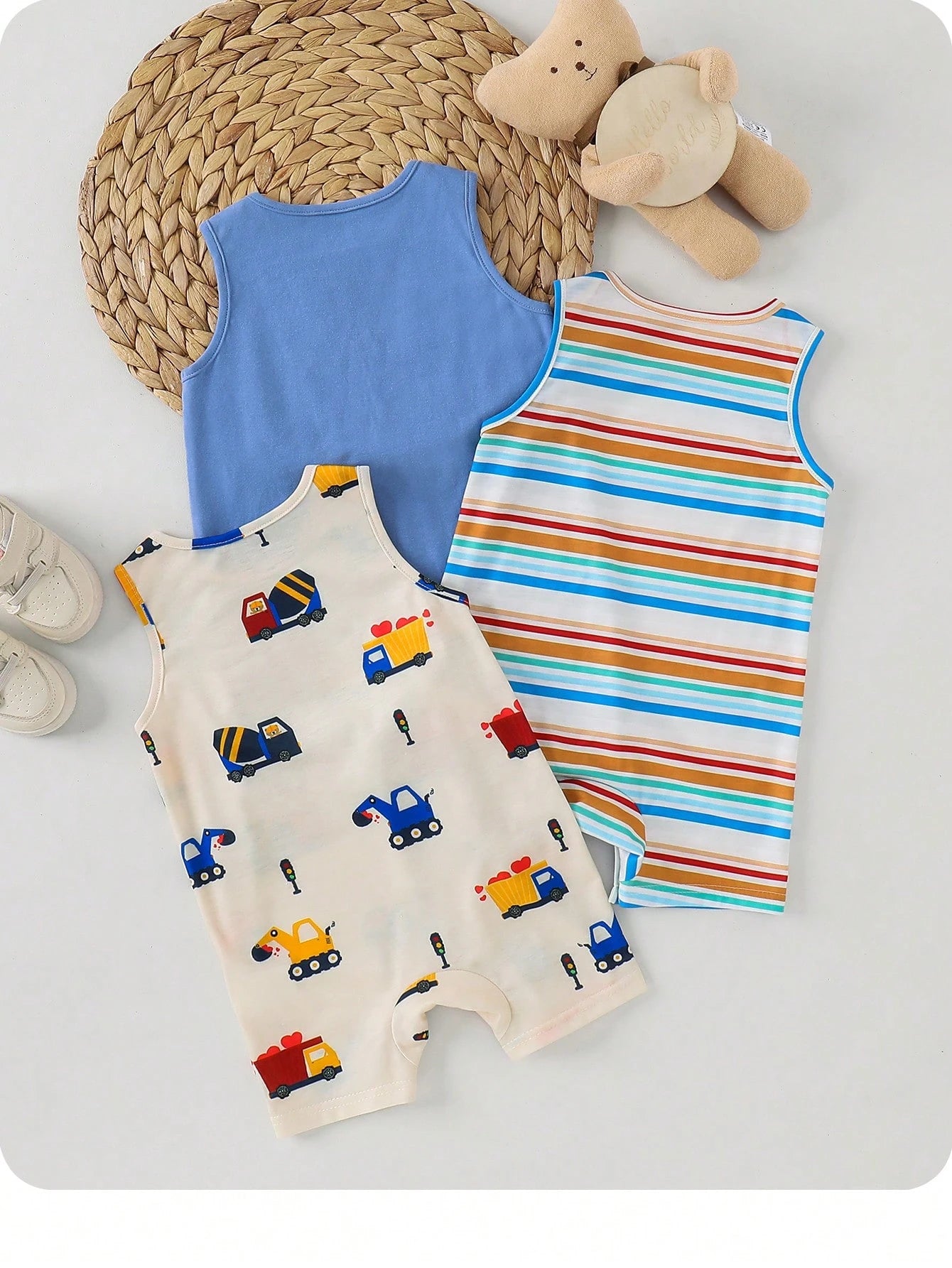 Baby Boy Sleeveless Summer Romper Set – Vehicle Print and Striped Cotton Bodysuit – Soft Casual Pack