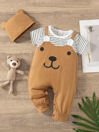 Baby Bear Overall Set, 2-Piece Brown Romper and Striped T-Shirt Outfit with Matching Hat