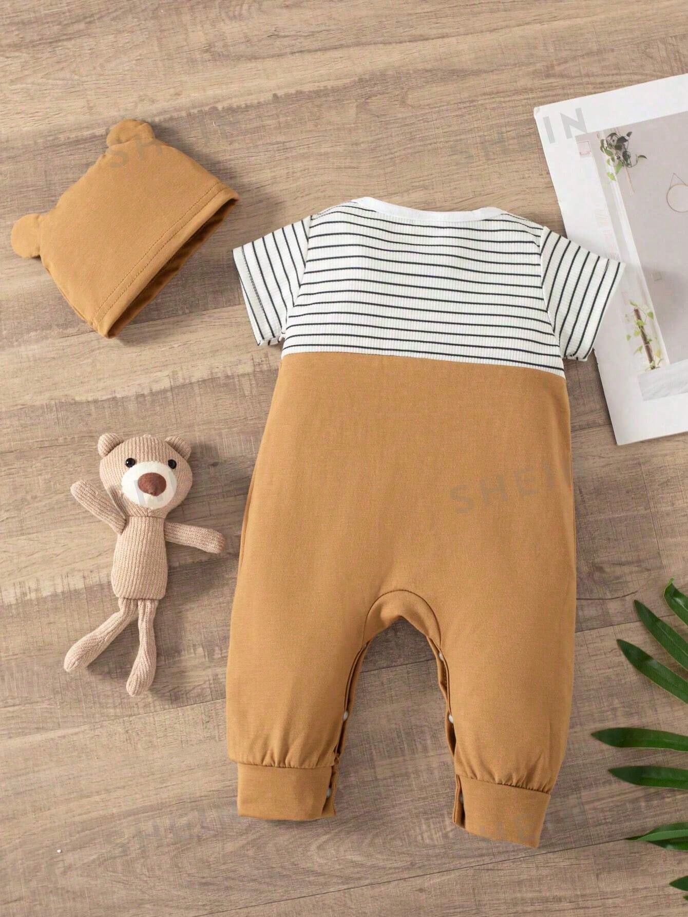 Baby Bear Overall Set, 2-Piece Brown Romper and Striped T-Shirt Outfit with Matching Hat