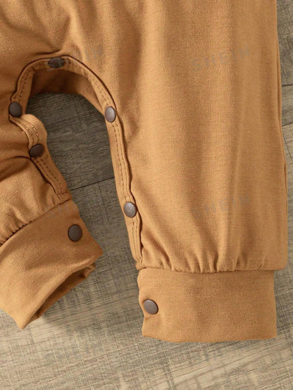 Baby Bear Overall Set, 2-Piece Brown Romper and Striped T-Shirt Outfit with Matching Hat