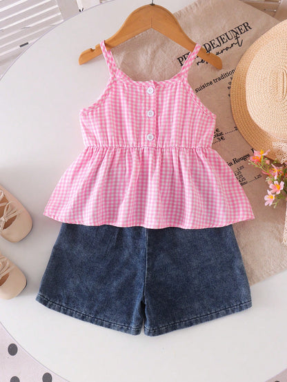 Girls Pink Gingham Peplum Top & Denim Shorts Set
