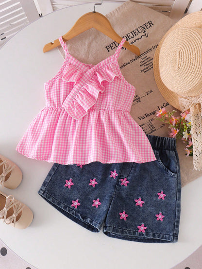 Girls Pink Gingham Peplum Top & Denim Shorts Set