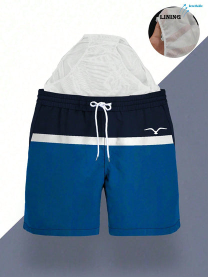 Men’s Color Block Swim Shorts with Mesh Lining – Quick Dry Beach Swim Trunks – Blue & Navy