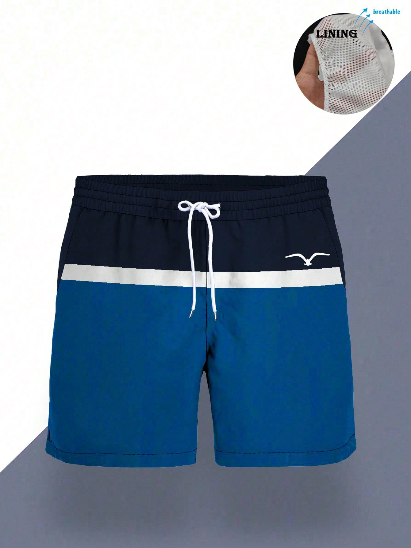 Men’s Color Block Swim Shorts with Mesh Lining – Quick Dry Beach Swim Trunks – Blue & Navy