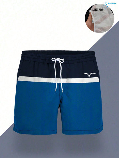Men’s Color Block Swim Shorts with Mesh Lining – Quick Dry Beach Swim Trunks – Blue & Navy