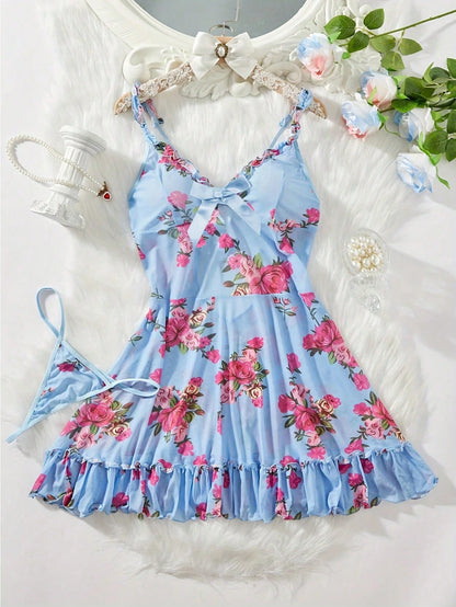 SHEIN Blue Floral Lace Trim Cami Nightdress Set - SHEIN Fast Delivery in 5 Days